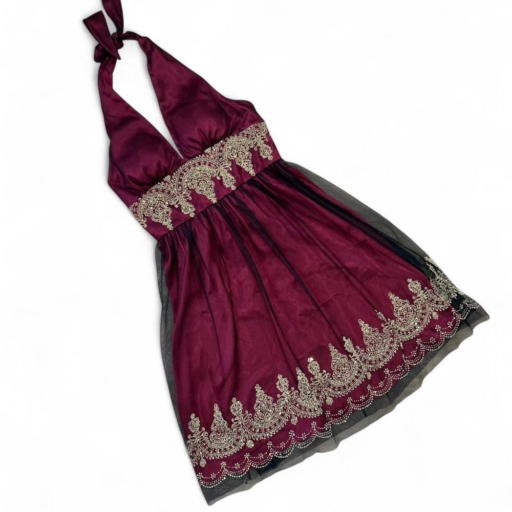 NWT Adrianna Papell Gorgeous Y2K Halter Midi Wine and Gold Sparkly Evening Dress